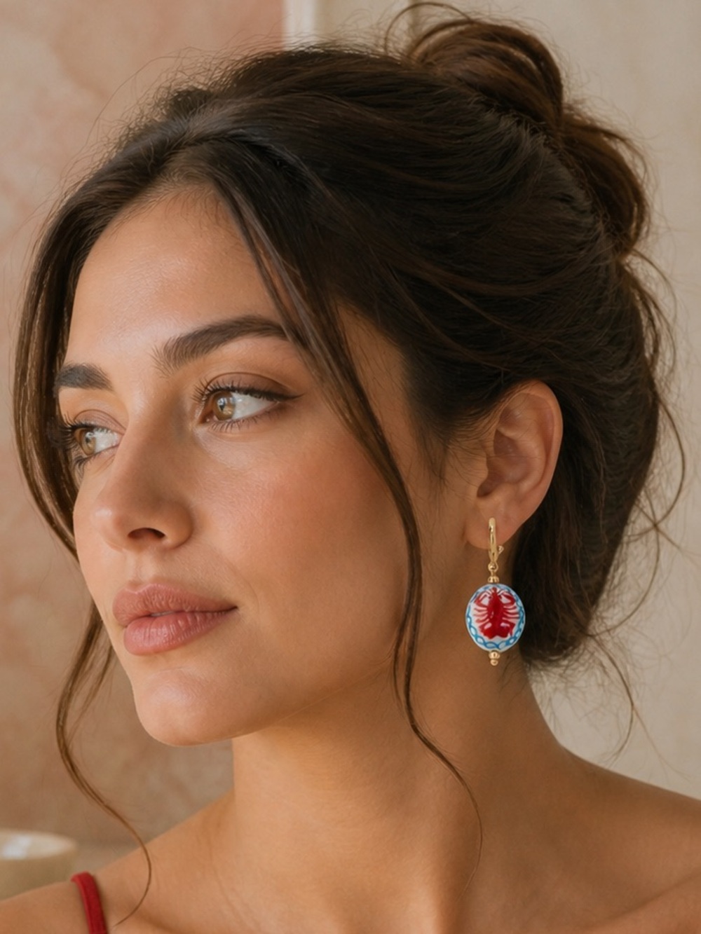 Gold Hoop Earrings with Red Lobster Porcelain Dangles R 603